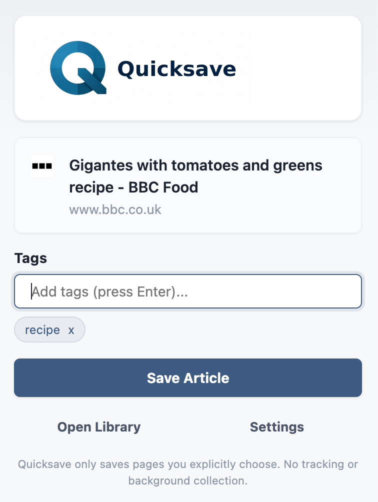 Screenshot of the Quicksave Chrome extension showing the save view for an article.