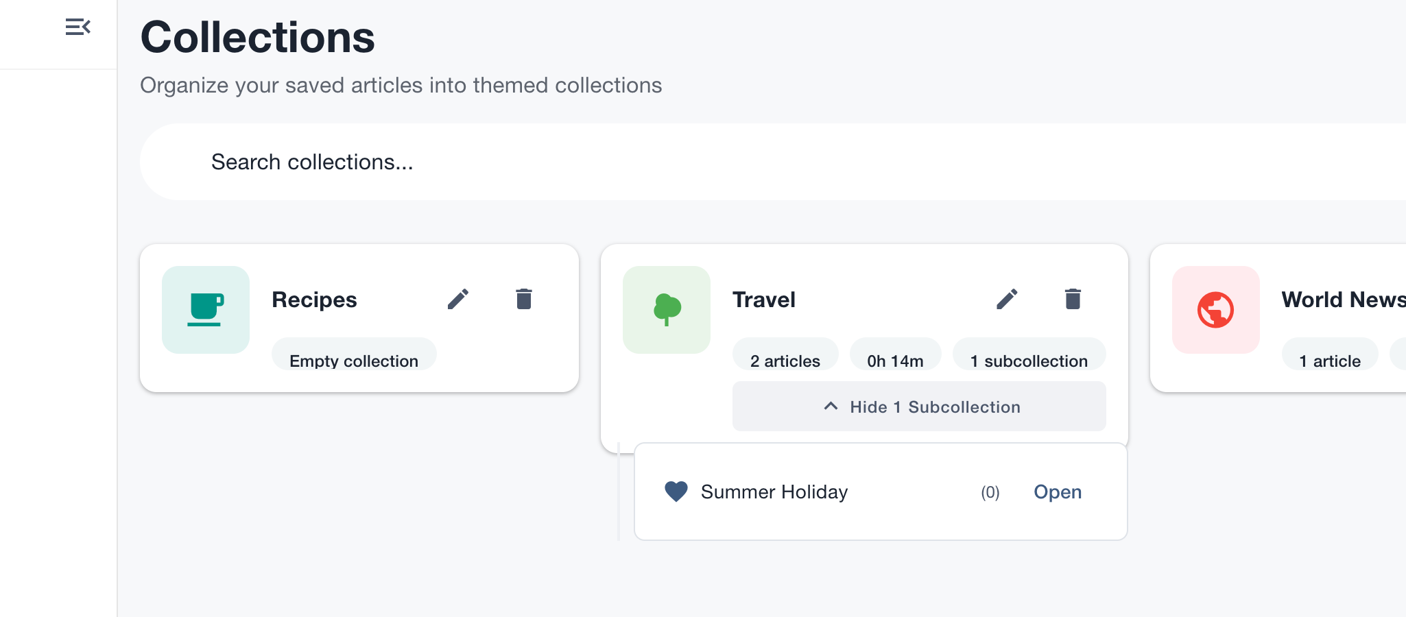 Desktop screenshot of the Quicksave collections view with an expanded subcollection.