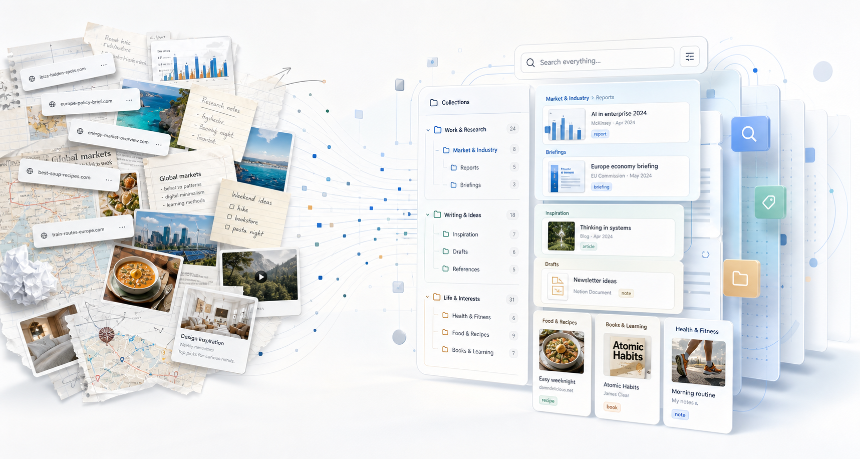 Quicksave hero image with search, collections, tags, notes, and saved articles from web, mobile, and the browser extension arranged in one organized knowledge view.
